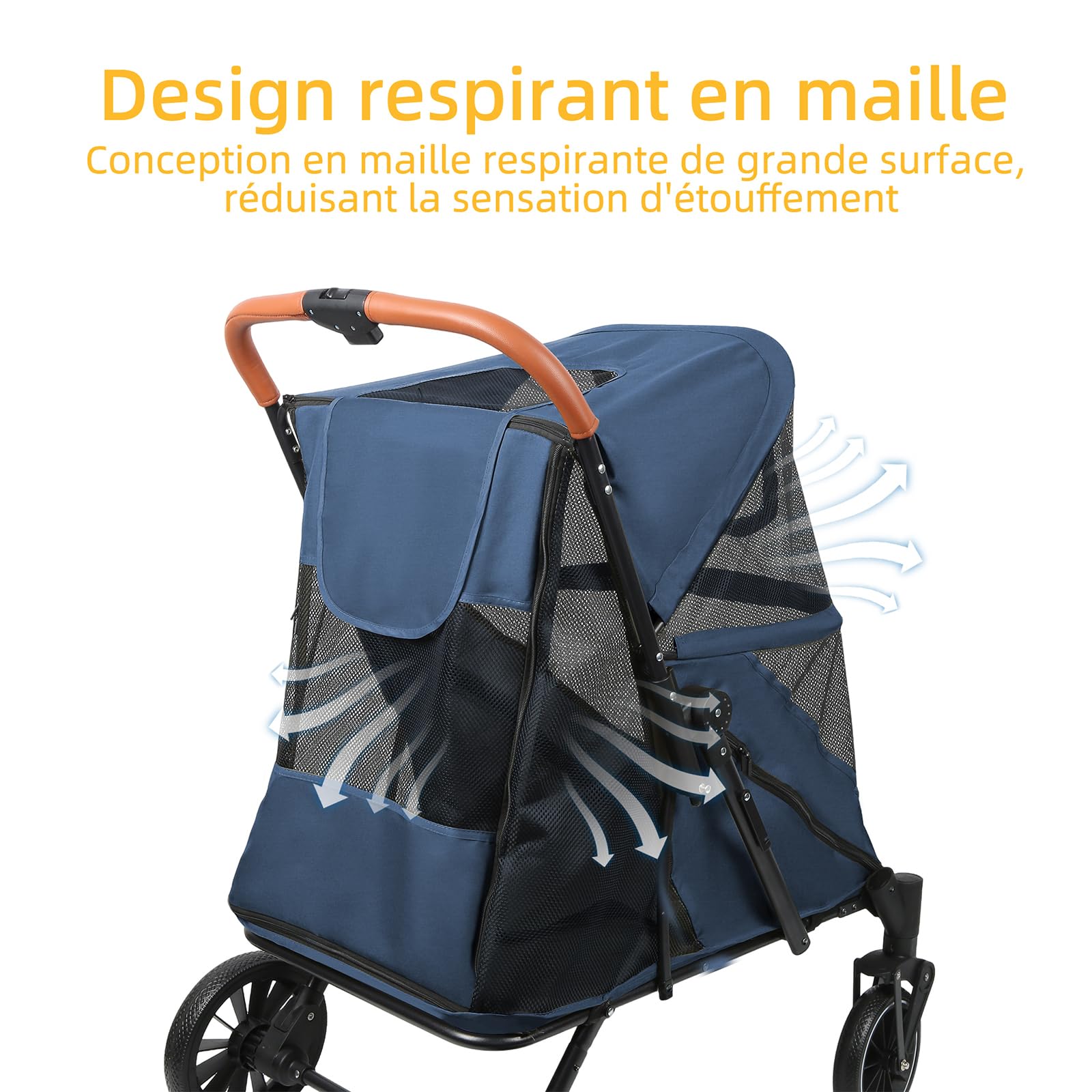OHMG Grande Poussette chien chat,buggy,poussette pour chien 4 roues en EVA chariot pour chat pliage en un clic, laisse de sécurité, charge 45 kg,avec fenêtre en filet,Ceintures de sécurité