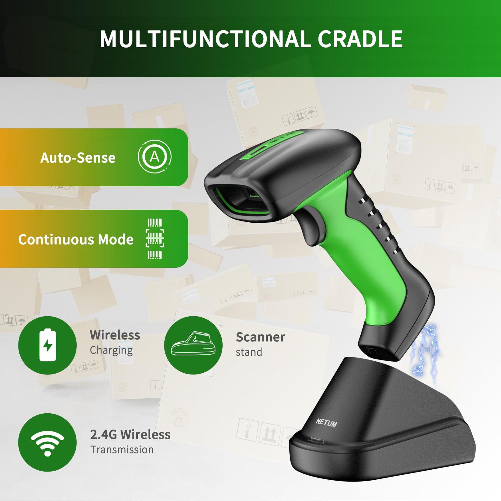 NETUM Przemysłowy Skaner Kodów Kreskowych 2D QR Bluetooth ze Stacją Ładującą Bezprzewodowy Czytnik 2D 1D Bateria 2600mAh Odporny na Kurz Auto-sense Scanning Windows Mac Android iOS NT-1950