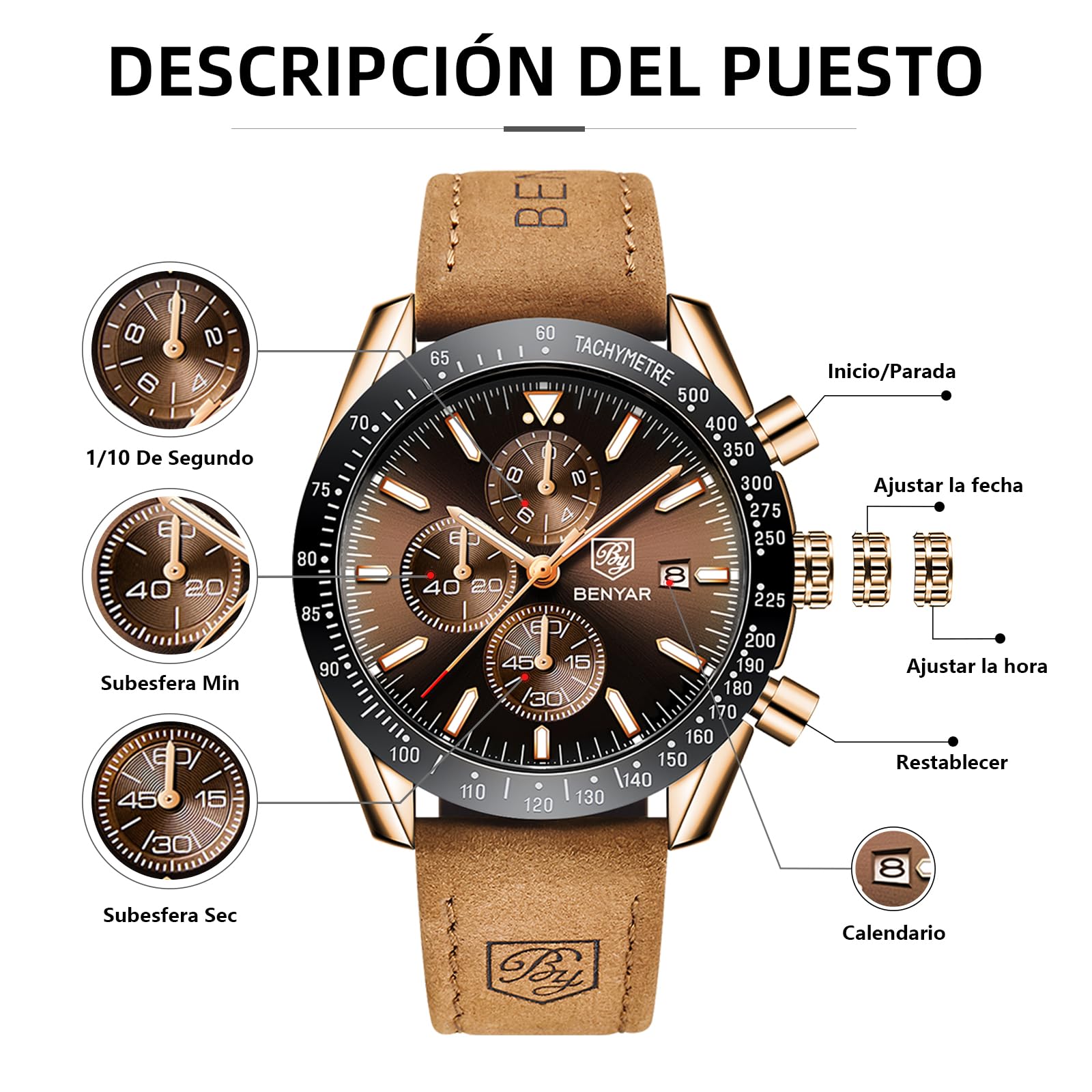 BENYAR, Relojes Hombre, Movimiento Cuarzo, Cronógrafo, Correa Piel/Acero/Silicona, Diseño Deportivo Negocio Moda, 30M/50M Impermeable, Resistente a los Arañazos, Regalos Elegantes para Hombres