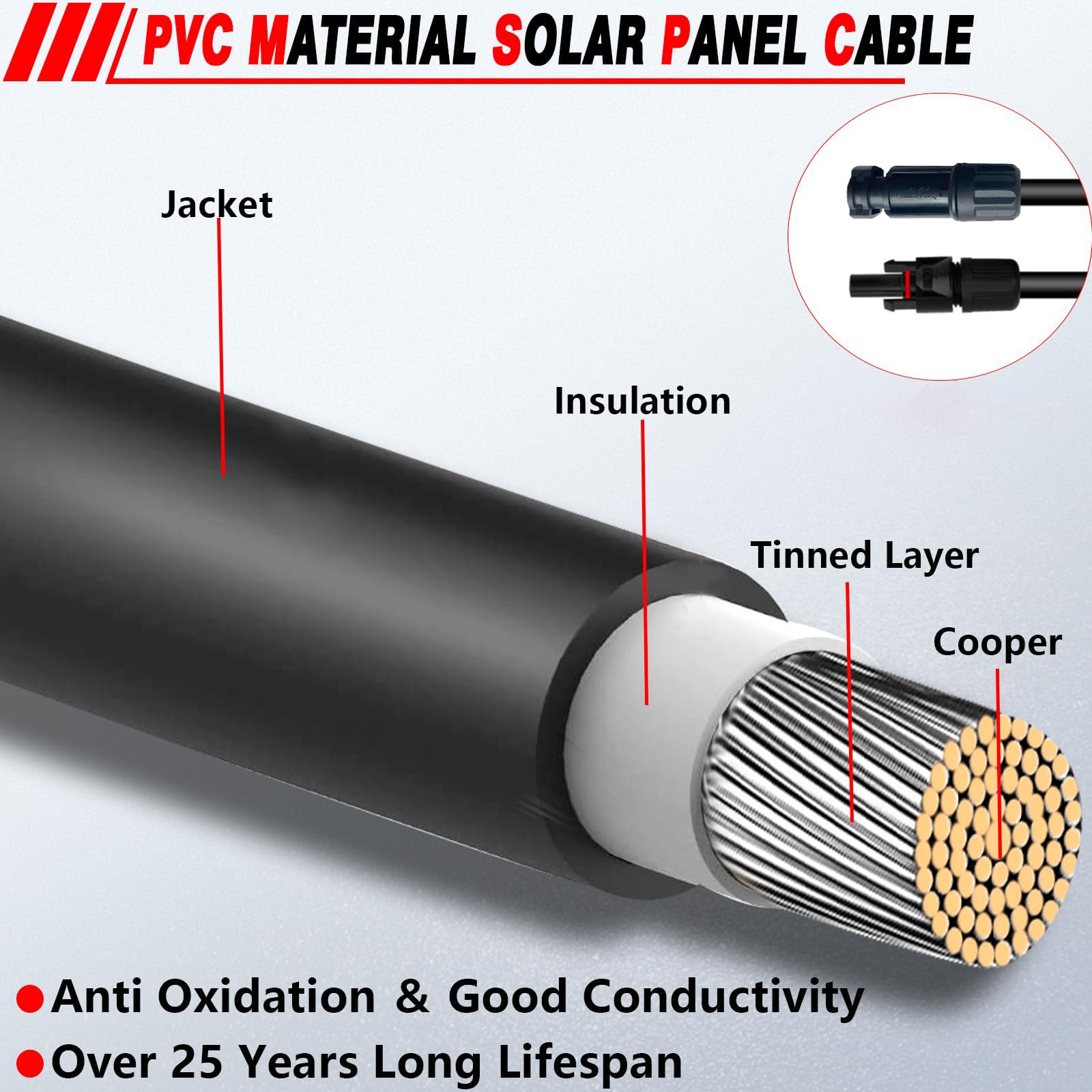 Kabel solarny 4 mm², 5 m, przedłużacz solarny z wtyczką solarną, kabel PV czerwony/czarny, kabel fotowoltaiczny, cynowana miedź, oznaczony, do instalacji solarnych PV