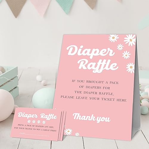 Miniatura 2 de Juegos de baby shower, 1 letrero de pie para rifas de pañales con 50 boletos para rifas de pañales, decoración y suministros para fiesta de