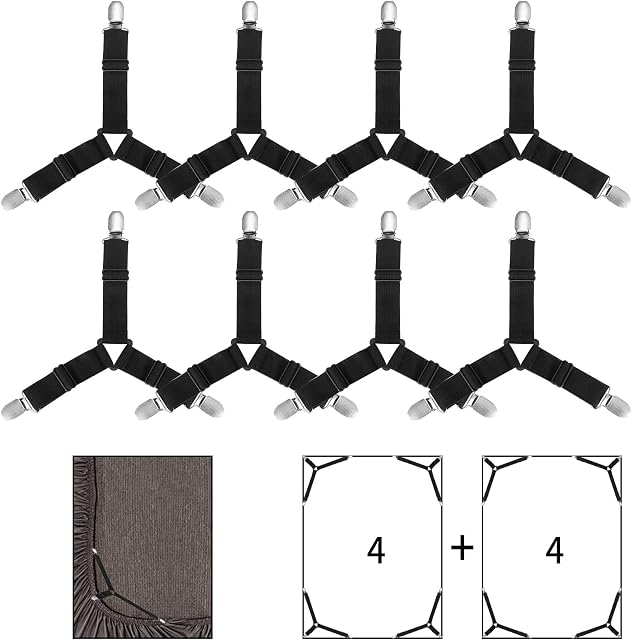 8Pcs Bed Sheet Clips Straps Adjustable Triangle Fastener Elastic Corner Suspenders Grippers Holder for Mattress Covers Sofa Cushion (Black)