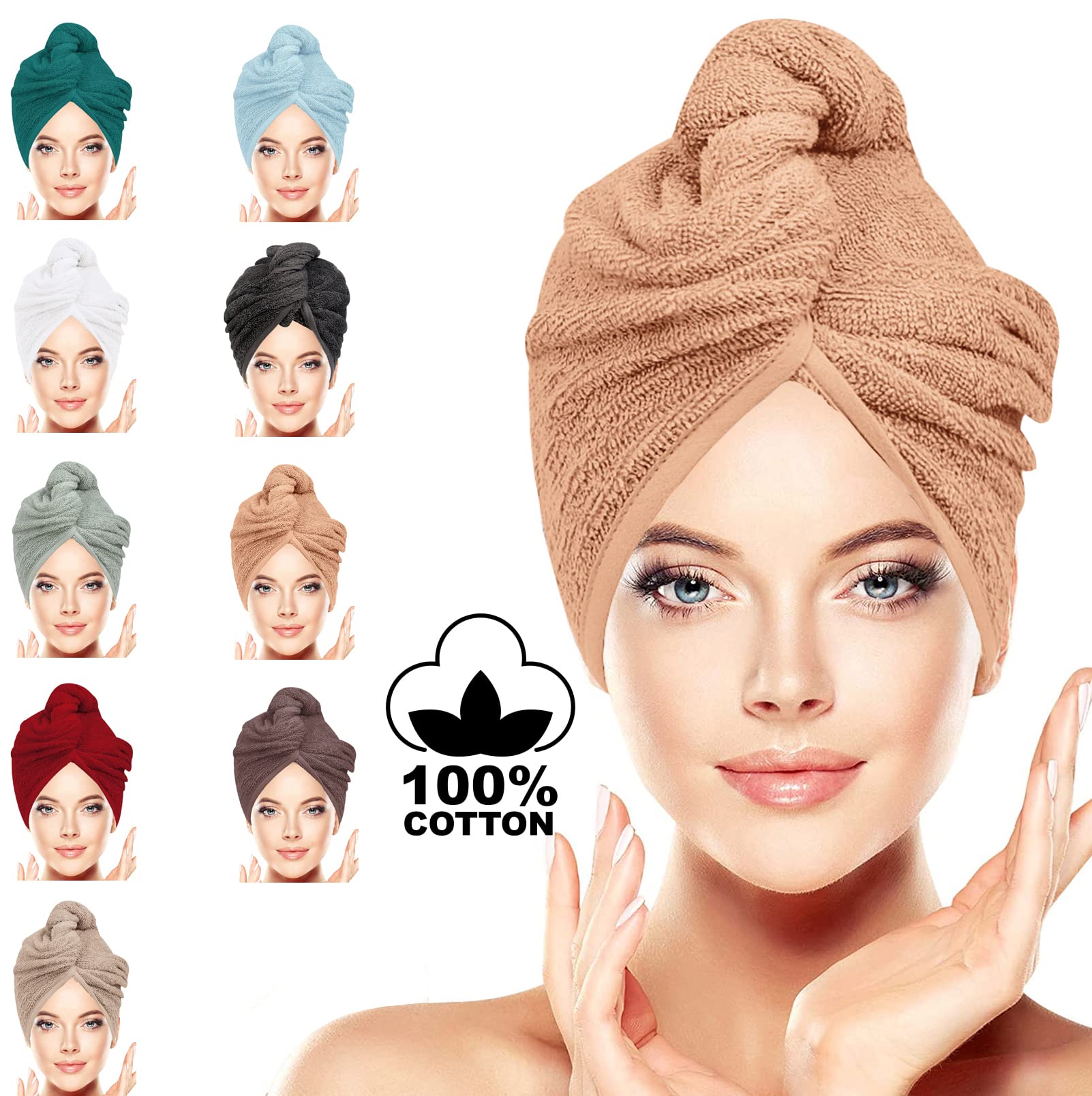 BAVIN LUXURY Hair Towel Wrap 100% Cotton, Instant Drying Lightweight Turban Cap Super Quick Absorbent Anti-Frizz Twist Toweling Dry Hat with Button Loop for Long Curly Hairs, 62CM x 23CM Camel Pair
