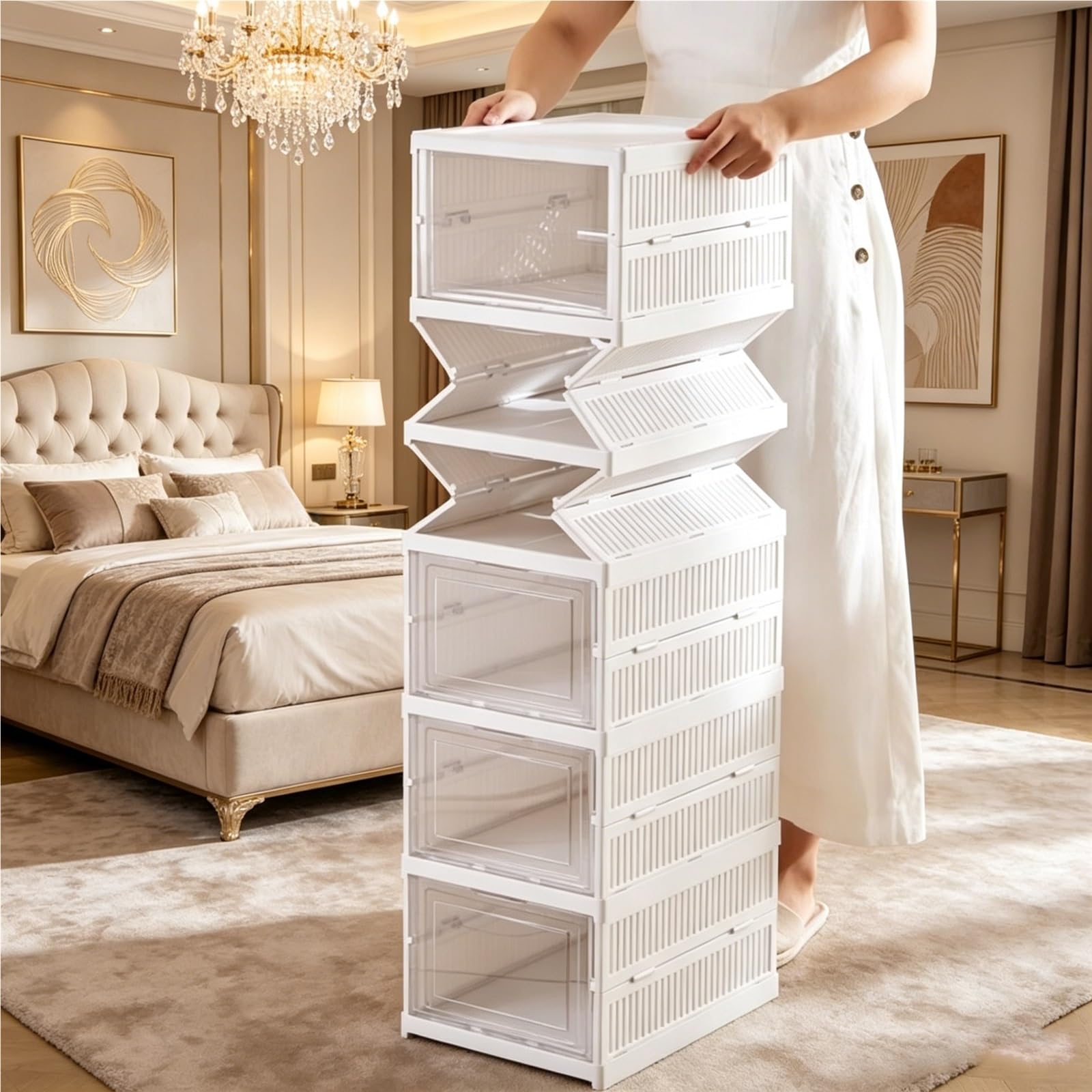 TYNGBT Fold-Top Stackable Shoe Cabinet, Ready-to-Assemble Shoe Organizer with Clear Doors, Freestanding Shoe Rack with Lid, Plastic Shoe Storage for Closet & Entryway, 6 Tiers
