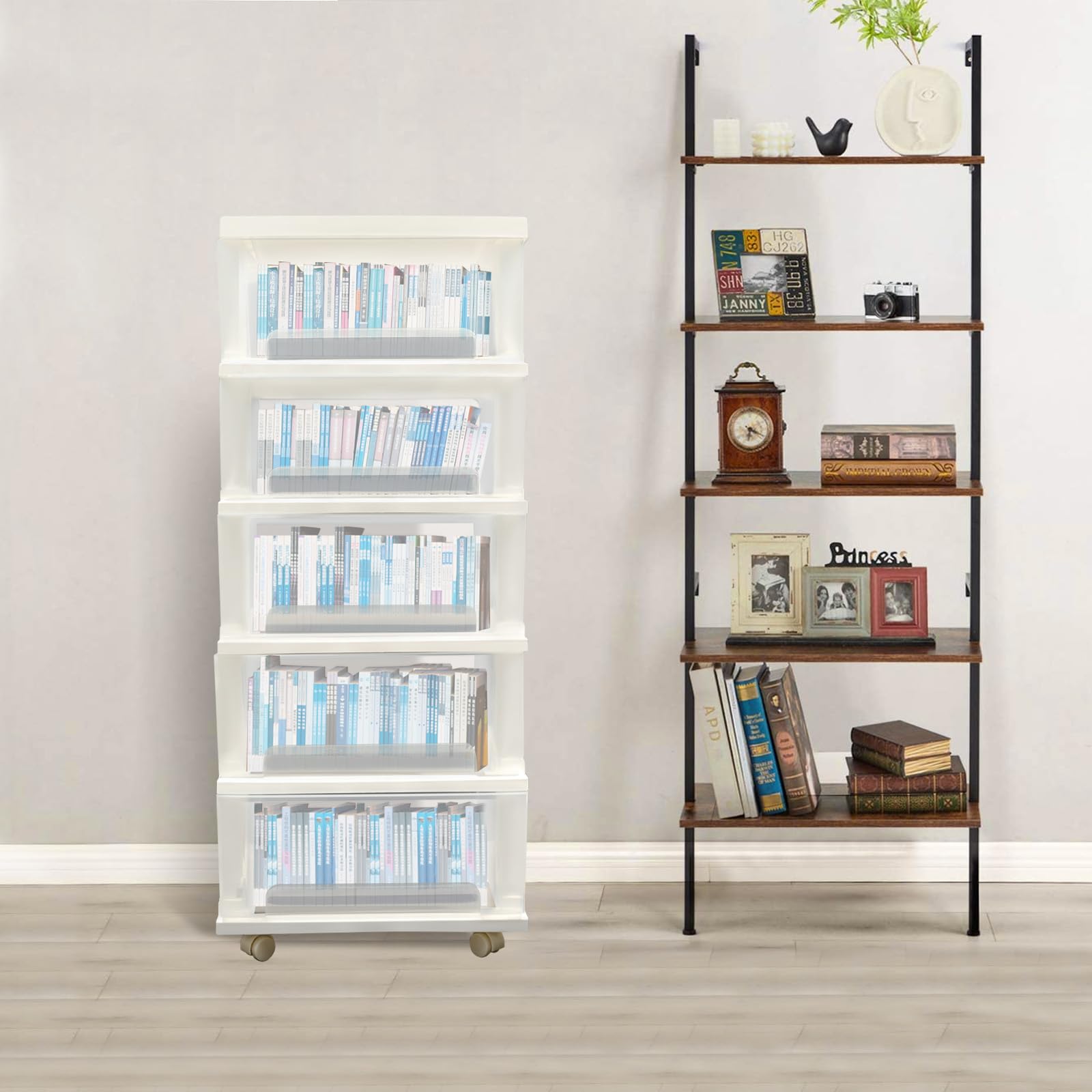 Cassettiera in plastica a 5 ripiani, con 4 ruote, organizer per cassetti, per ufficio, scuola, cancelleria, carta A4, libri di testo, gioielli, cosmetici, bianco, 40 x 33 x 98 cm