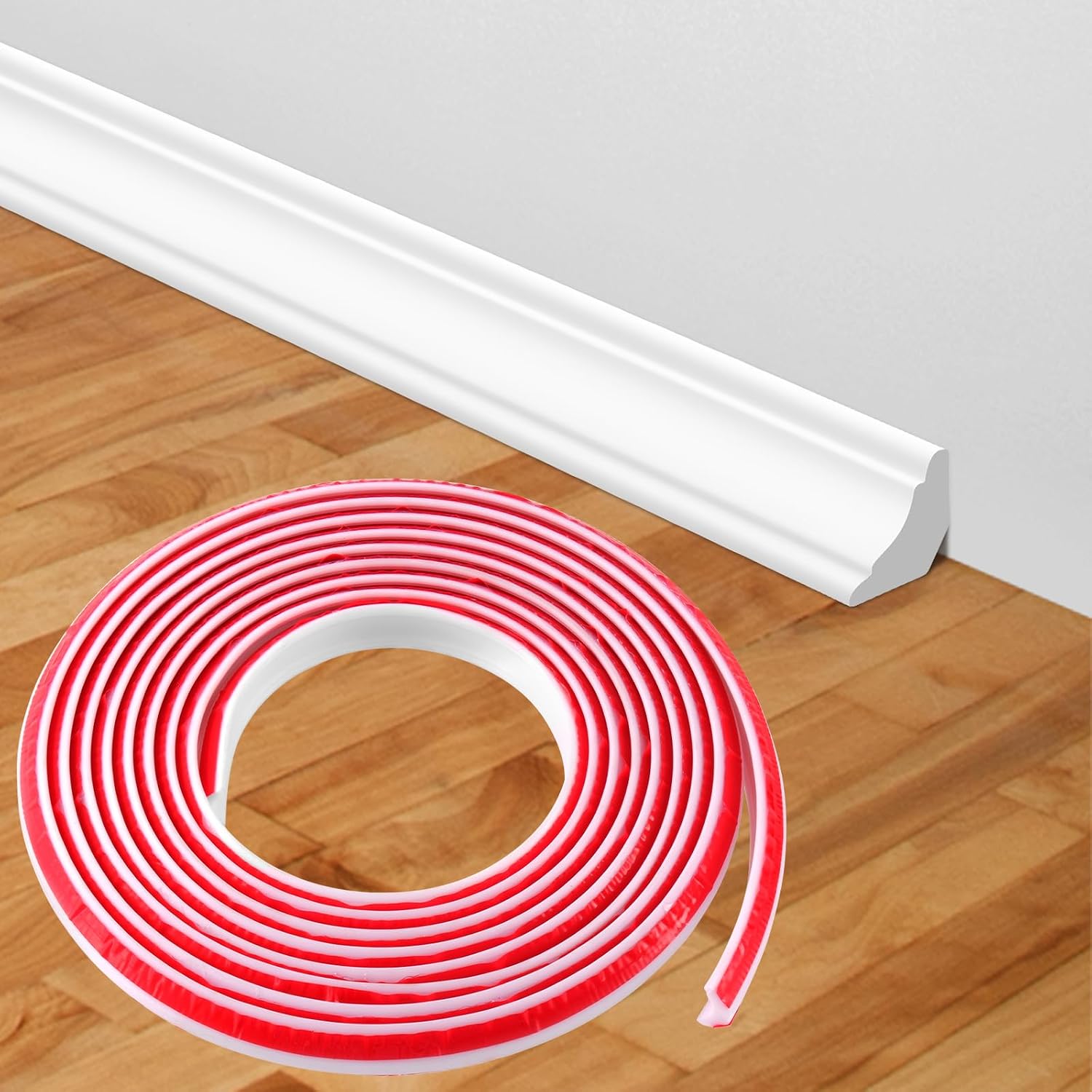 19.6 FT x 4/5 Inch Peel and Stick Baseboard Molding Trim Flexible Quarter Round TPE Trim Molding Self-Adhesive Wall Base Moulding Trim for Floor Edges Wall Corner Staircase Cabinet Tub Edge