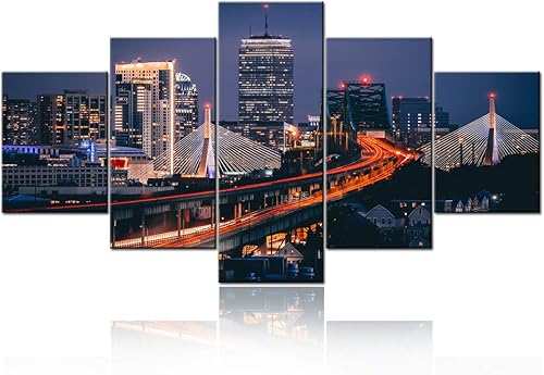 Miniatura 2 de Pintura de nativos americanos, paisaje urbano de Boston, arte de pared de paisaje urbano de 5 paneles, arte contemporáneo para decoración del hogar