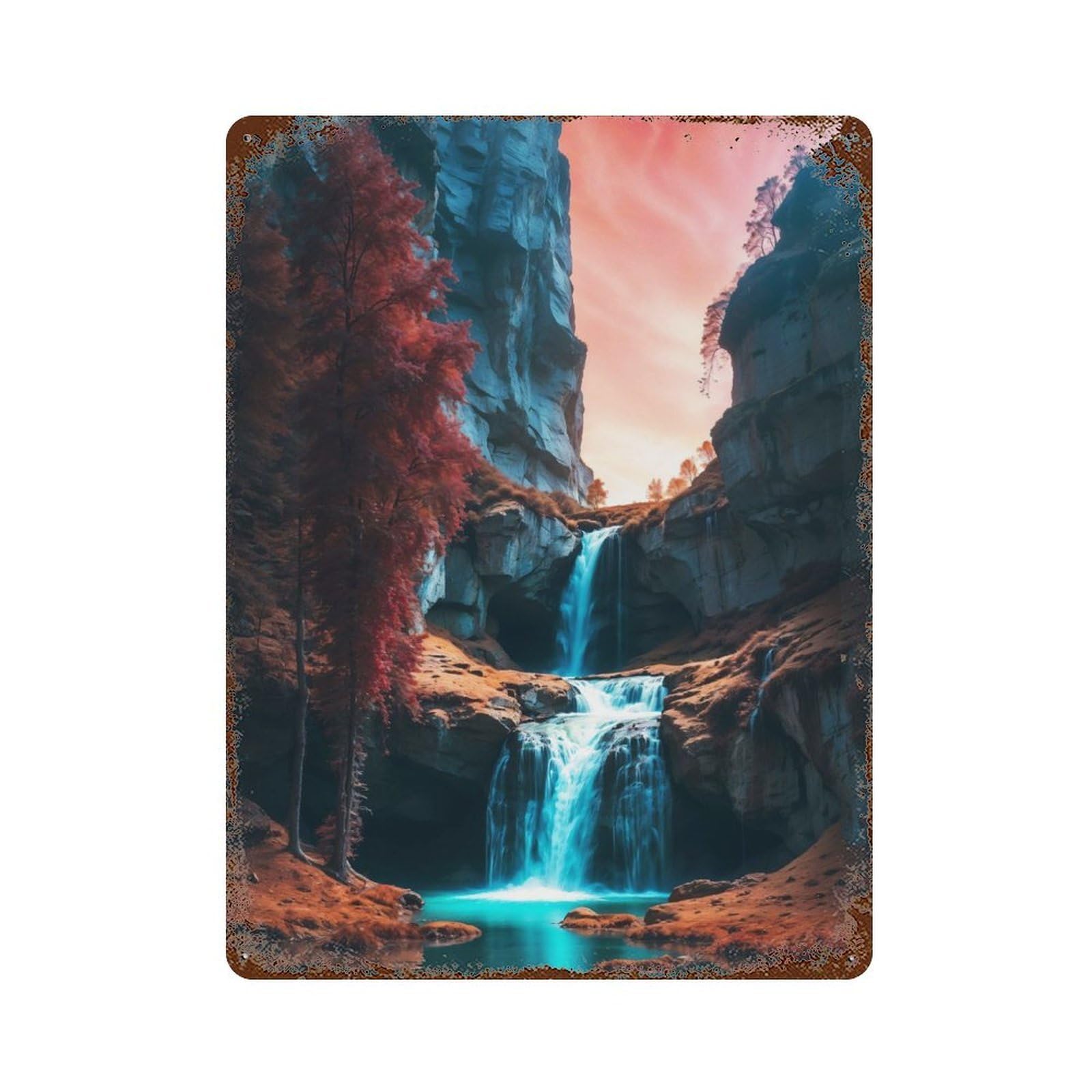 Rusty Metal Tin Sign with Cascading Waterfall Canyon Design 15.7"x11.8", for Farmhouse, Kitchen And Entryway Decor, Rustic Home Decor