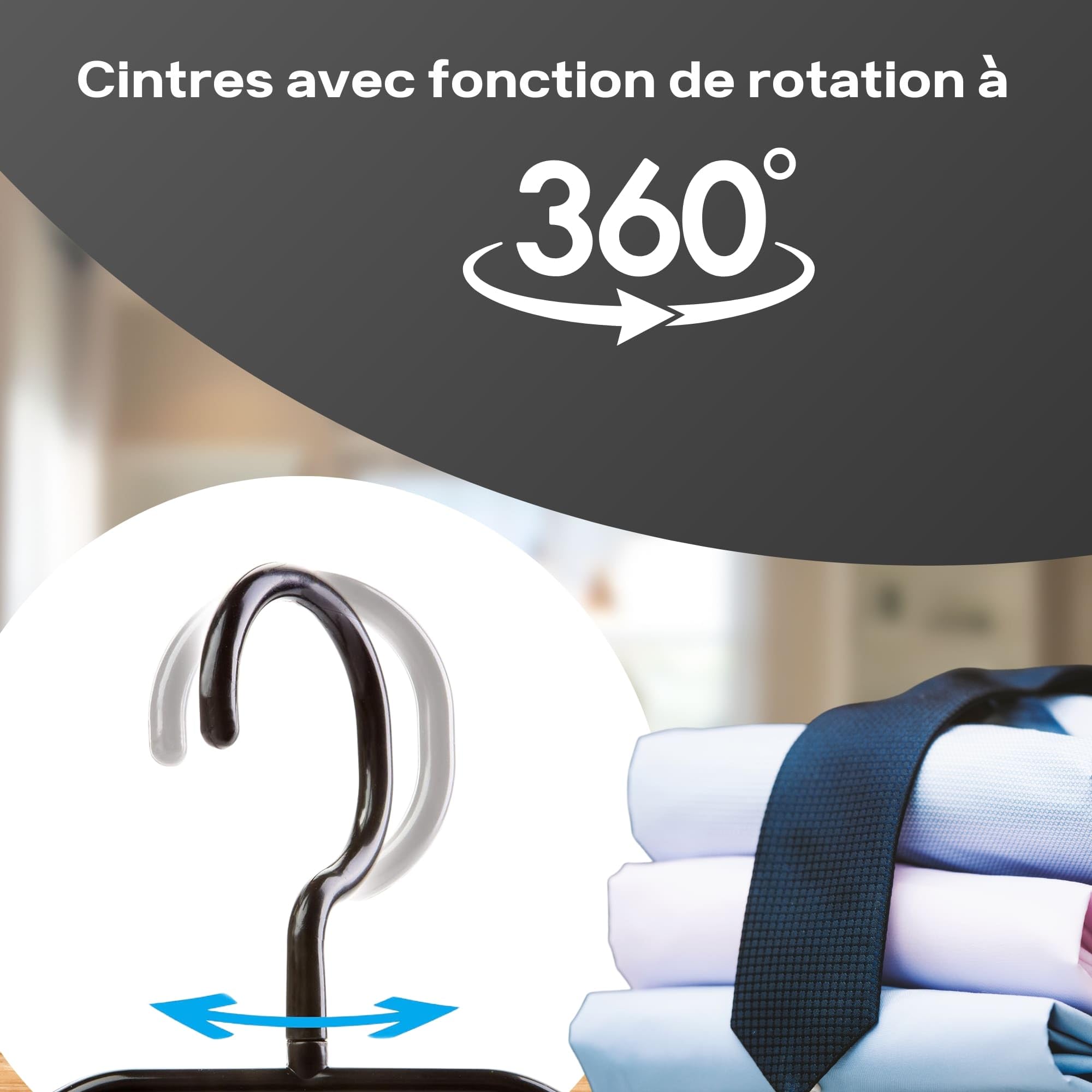 Lot de 100 cintres noirs robustes, crochets pivotants 360°, multifonctions en plastique de qualité supérieure, antidérapants, 100% matériaux recyclés