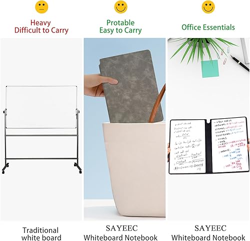 Miniatura 10 de SAYEEC Cuaderno de pizarra blanca, pizarra portátil de borrado en seco con marcador de doble punta, cubierta de poliuretano negra borrable, pizarra