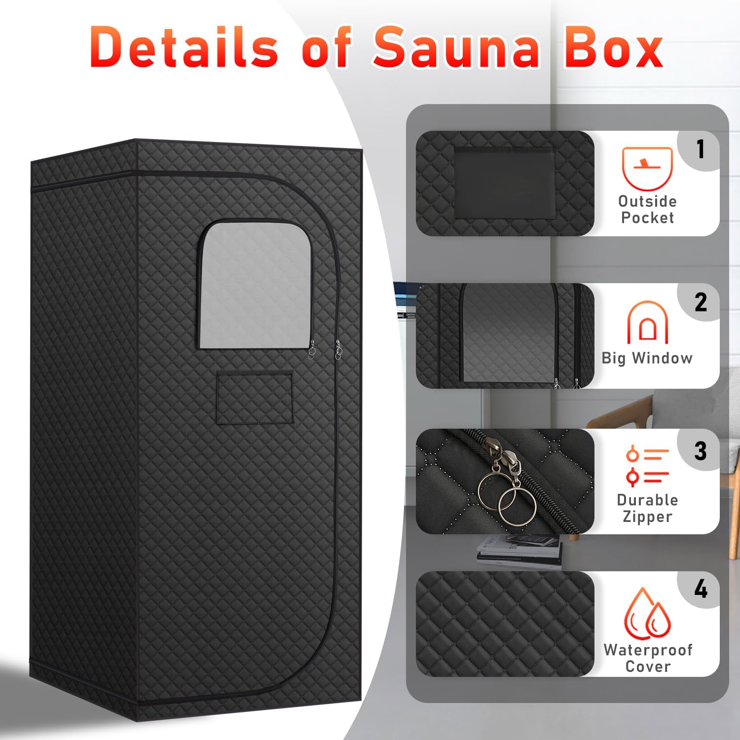 Far Infrared Sauna Box, Portable Dry Sauna with Red Light Therapy for Detoxification, Relaxation, Carbon Crystal Heating,9 Levels, 5.9'×2.9'×2.6' - Image 7