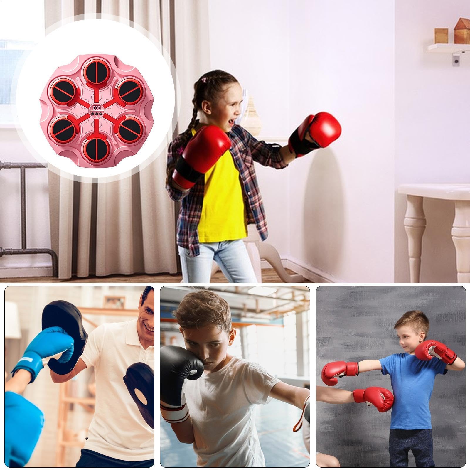 Set da boxe montato a parete, macchina da boxe musicale per bambini, giocattoli intelligenti da pugilare con guantoni da boxe | Giocattolo sportivo senza fili con luce e musica per bambini e ragazze