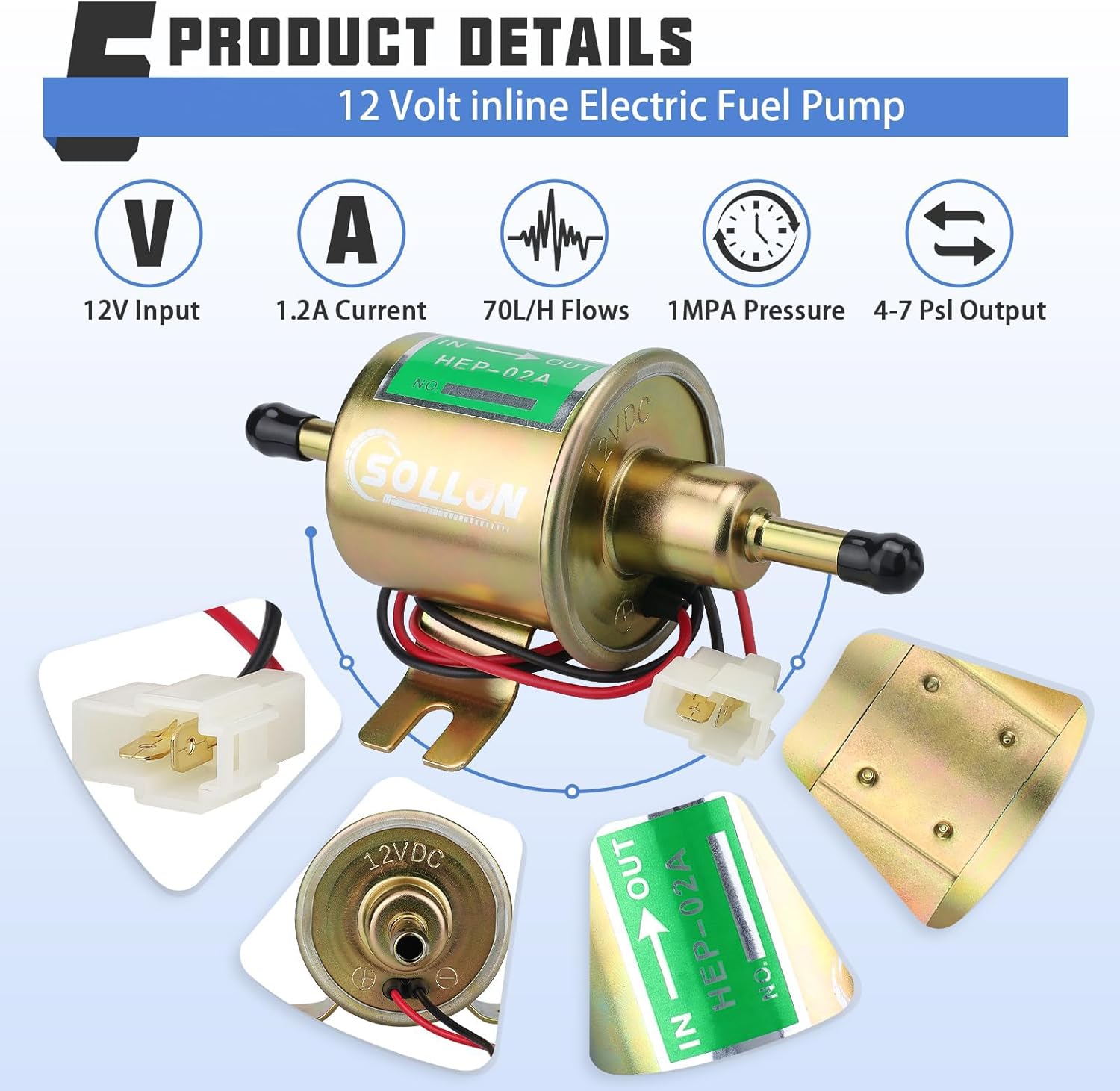 Electric Fuel Pump Kit 12V Universal Low Pressure Transfer Inline with 10pcs Hose Clamps 6.56 FT 5/16" ID Fuel Line 2pcs Fuel Filters for Lawn Mower Carburetor Gas Diesel Engine 3-6 PSI HEP-02A Gold
