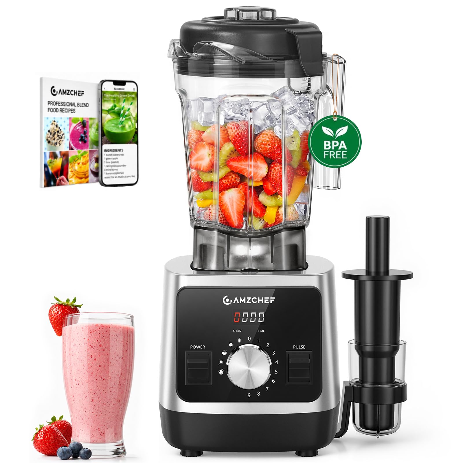 AMZCHEF Batidora de vaso para Smoothies, Tritura Hielo y Fruta Congelada | Vaso de Tritan de Capacidad 2L (sin BPA), 9 Ajustes de Velocidad + Botón Pulse, Motor de 1800 Watt, Piezas aptas lavavajillas Global Recycled Standard Global Recycled Standard Global Recycled Standard