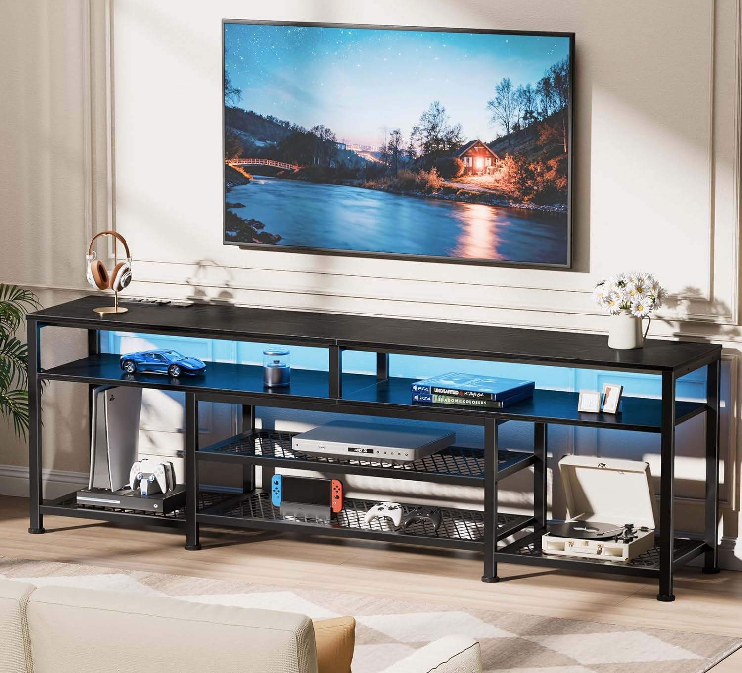 Furologee 71 Inch TV Stand with LED Lights, Entertainment Center with Power Outlets for 80 75 65 Inch TV, Media Console Table with Open Shelves, for Bedroom, Living Room, Black