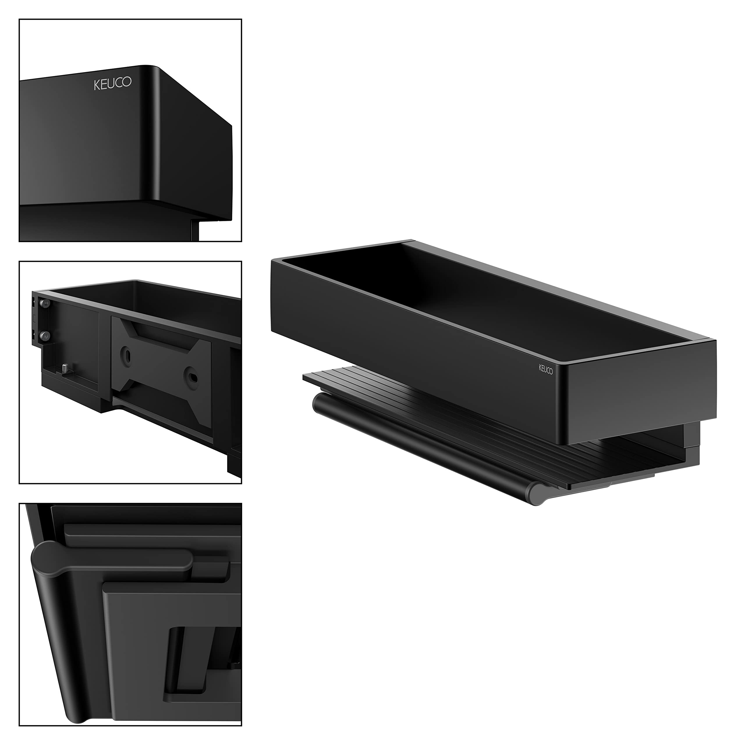 KEUCO EDITION 11 Koszyk prysznicowy 30 cm, ze ściągaczem prysznicowym, czarne matowe aluminium, Made in Germany, zdejmowany, ze śrubami i kołkami, Półka prysznicowa z wycieraczką do wiercenia