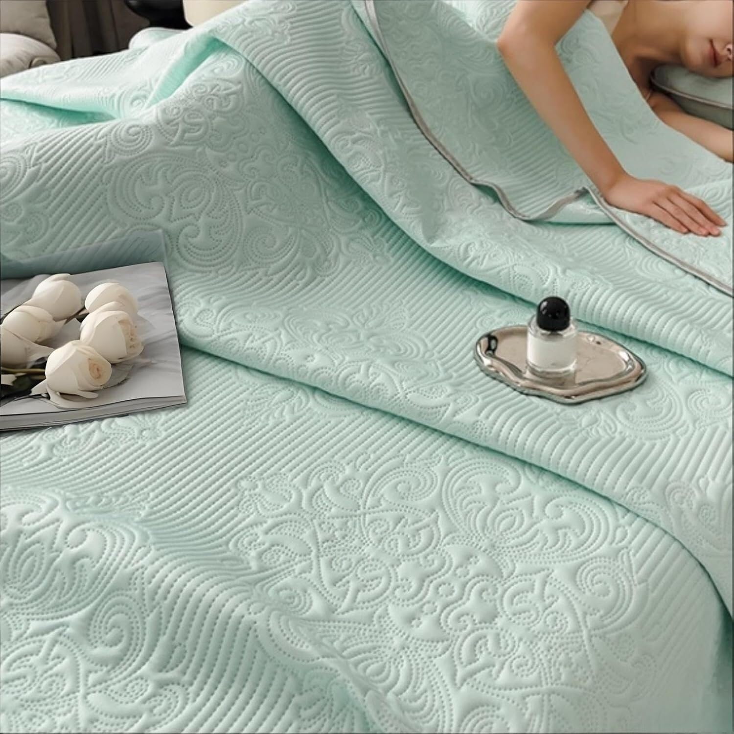JvFbjLF Summer Travel Blanket – Cool-touch Fibre(Green Flowers,180x200cm)