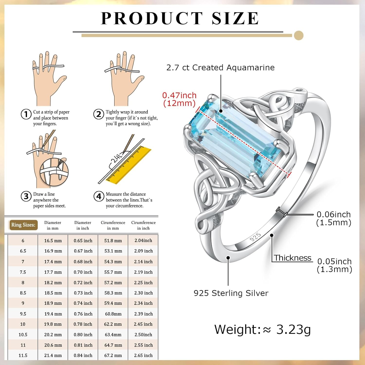 Celtic Knot Ring Sterling Silver 14K Yellow Gold Plated Lucky Trinity Emerald Cut Engagement Rings Amethyst/Peridot/Aquamarine/Ruby/Blue Topaz/Green Emerald/Sapphire Solitaire Signet Ring for Women - Image 4