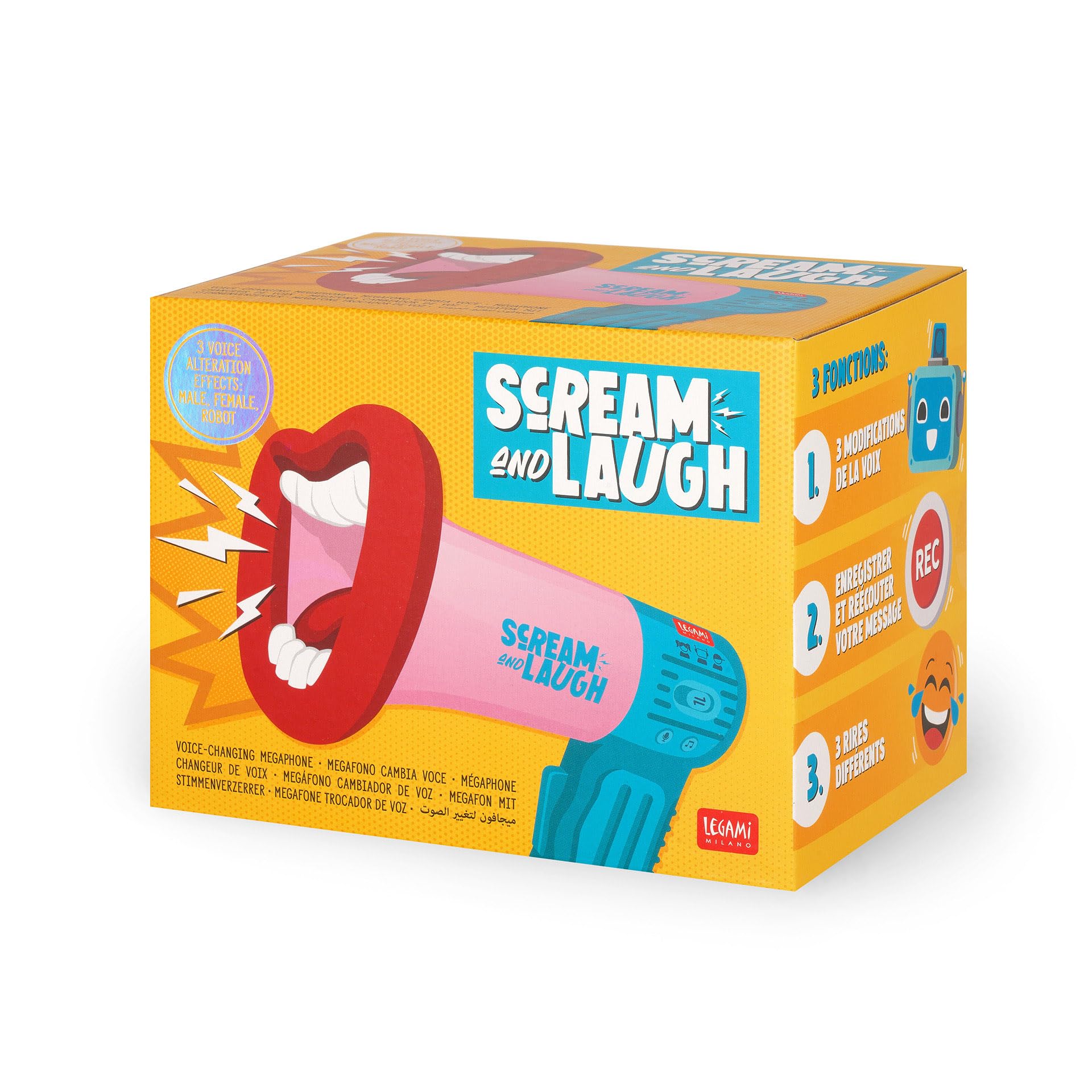 Legami - Megafono Cambia Voce Scream and Laugh, Batterie non Incluse, 3 Effetti di Distorsione Vocale, Funzione di Registrazione, 3 Tipi di Risata, 11,3 x 15,5 cm