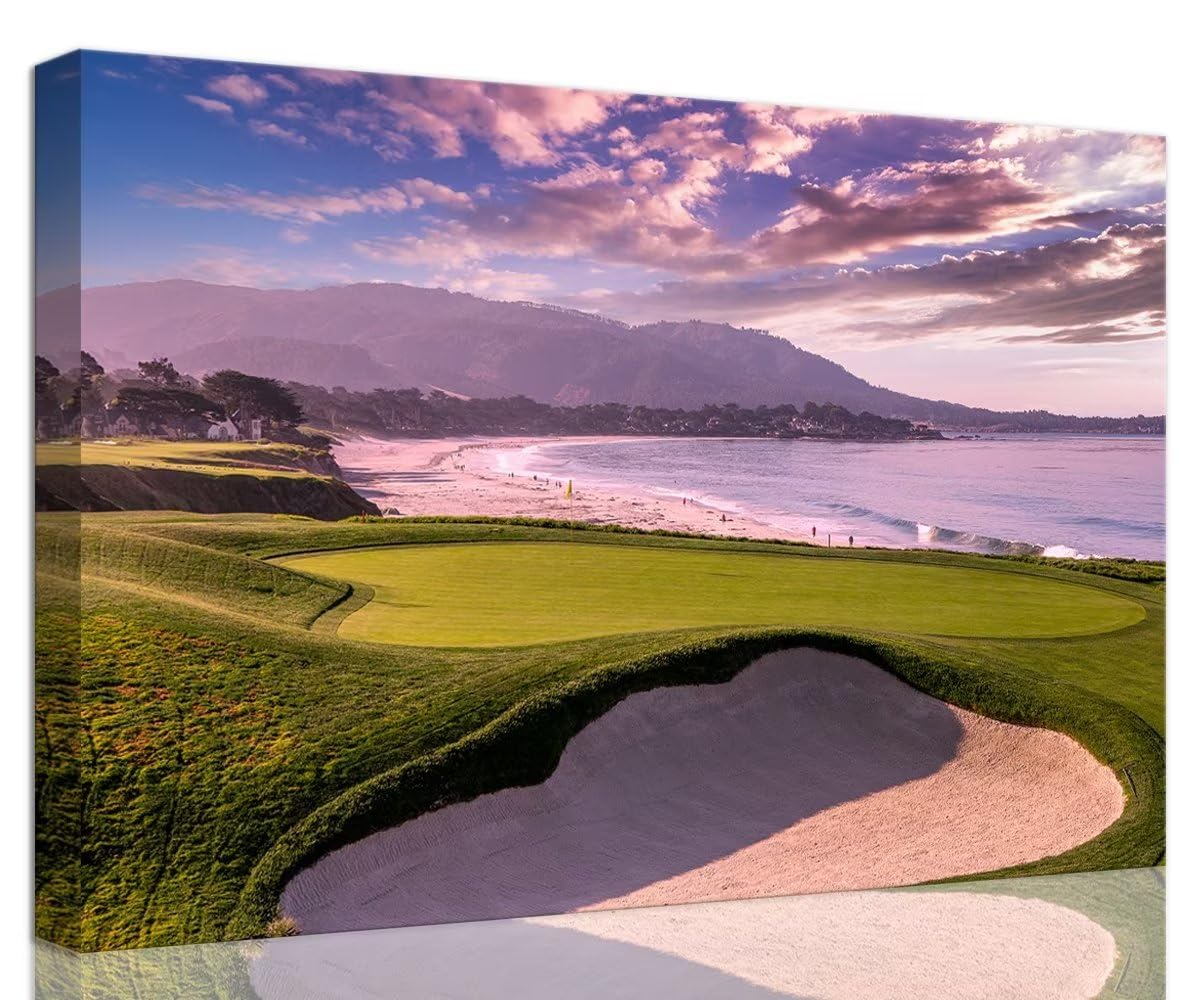 Pebble Beach Golf Course 9th Hole Wall Art for Living Room Bedroom Bathroom Home Decorations Monterey California USA Golf Course Picture Poster Canvas Prints Framed Ready to Hang(18''H x 24''W)