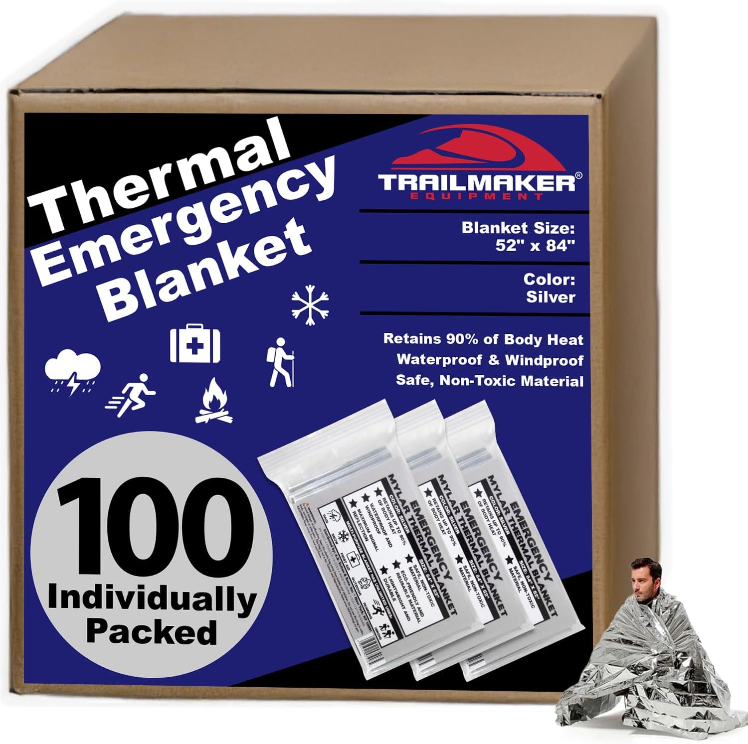 100 Mylar Emergency Survival Blankets Bulk | Emergency Blanket Bulk Mylar Survival Thermal Blankets 100 Pack Silver Foil Reflective Blankets for Cold Outdoors Camping Hiking First Responders, Runners