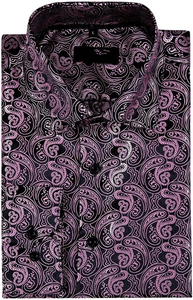 Classic Embroidered Shirts for Men Brown Paisley Silk Lapel Woven Long Sleeve Formal Fit Business Wedding