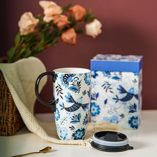 Miniatura 3 de DUSVALLY Taza de café de cerámica, tazas altas de porcelana con tapa y asa, 17 onzas, pájaro