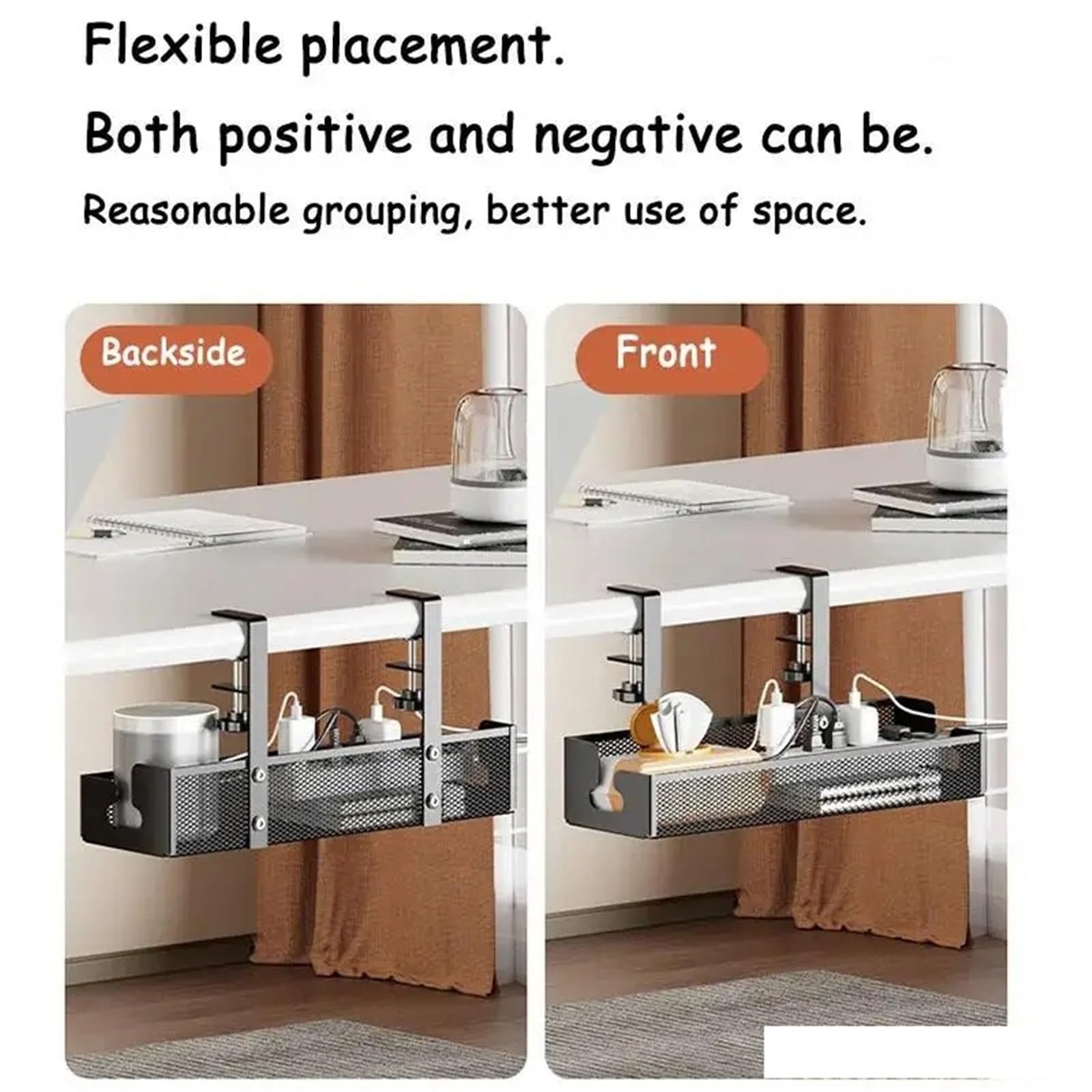 Kabelkanal Schreibtisch Untertisch-Aufbewahrungsregal, Metallkabel-Management-Tablett, Heimbüro, Schreibtisch, Draht-Organizer, ohne Stanzen, Küchenaufbewahrungszubehör(Black L 40cm)