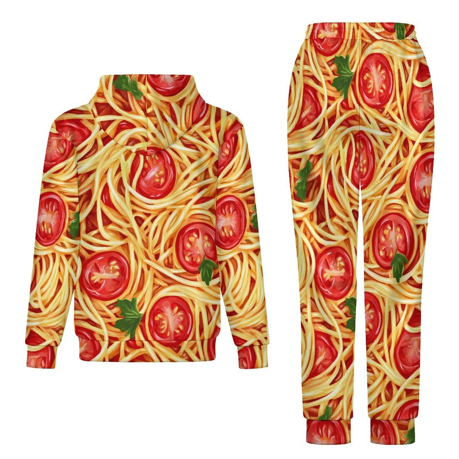 Set completo di felpa con cappuccio e pantaloni da jogging da uomo con spaghetti pasta e salsa T-omato Sauce