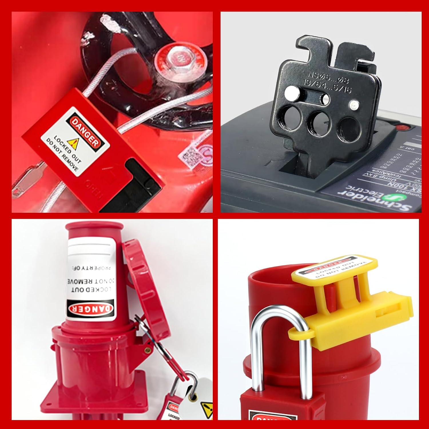 Lockout Tagout Lock Electrical Box - Hasps, Clamp-on and Universal Multipole Circuit Breaker Lockouts，4 Set Safety Padlocks, Tags, Nylon Ties with Pocket Bag, Keyed Different