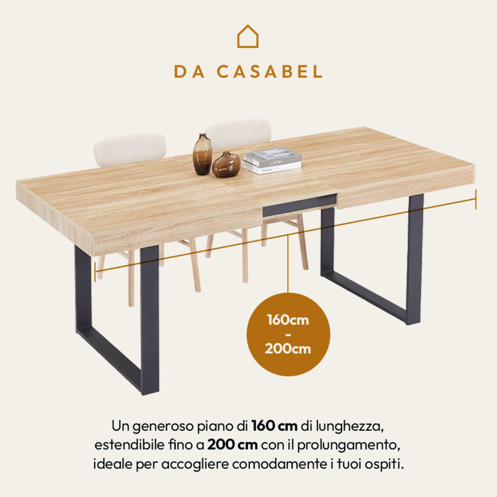 CASABEL tavolo da pranzo allungabile 160-200 cm, legno chiaro e nero