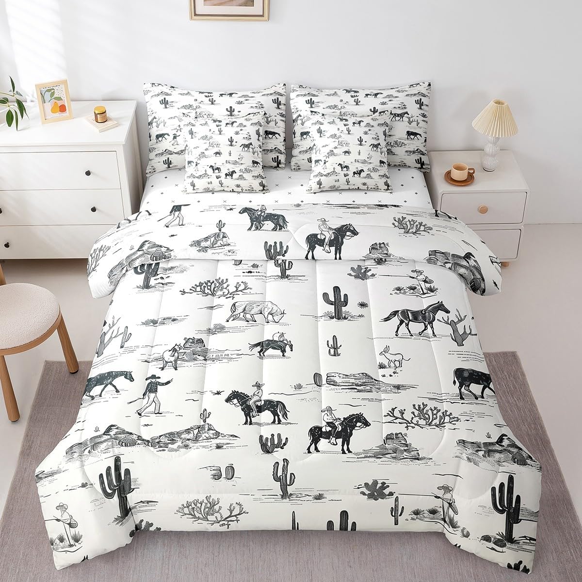 Western Bed in a Bag Queen Comforter Set 7 Piece,Black and White Sketch Bedding Sets Tropical Plant Cactus Sheet Set with Comforter Horse Gifts for Girls,Cowboy Farm Animals Farmhouse Decor