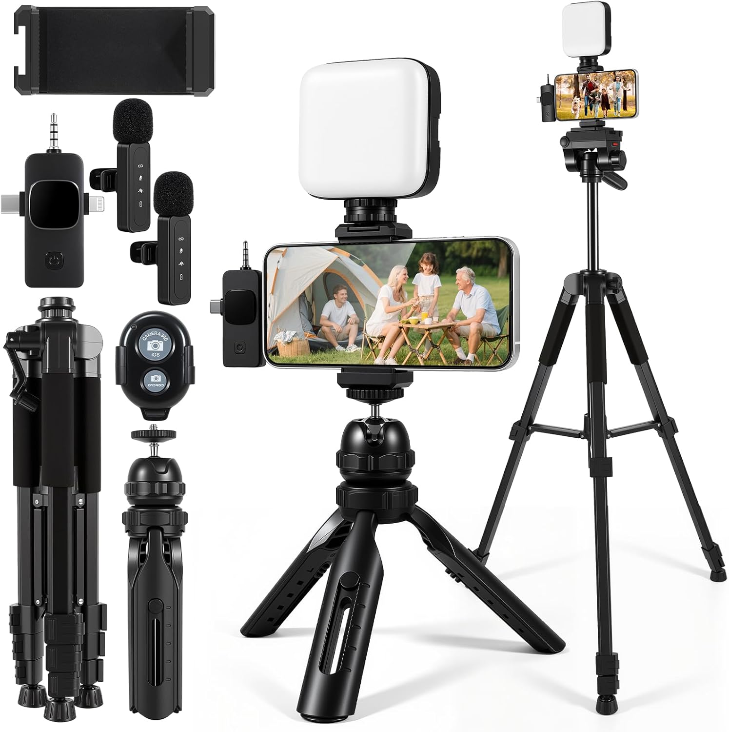 Vlogging Kit with Wireless Lavalier Microphone for iPhone, Android, YouTube Starter kit Content Creator Equipment with 60” Extendable Fullsize Tripod, Soft Light for Vlogging, YouTube, TikTok