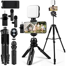 Vlogging Kit with Wireless Lavalier Microphone for iPhone, Android, YouTube Starter kit Content Creator Equipment with 60&rdquo; Extendable Fullsize Tripod, Soft Light for Vlogging, YouTube, TikTok