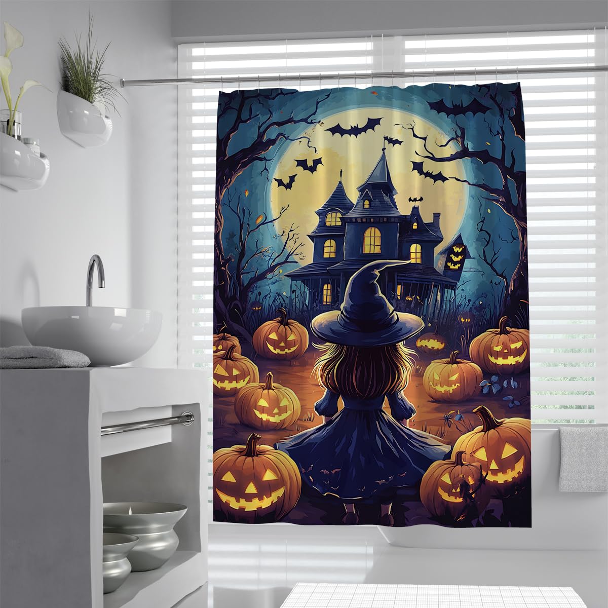 Gothic Witch Duschvorhang Spooky House Halloween Pumpkin Blue 150x180cm