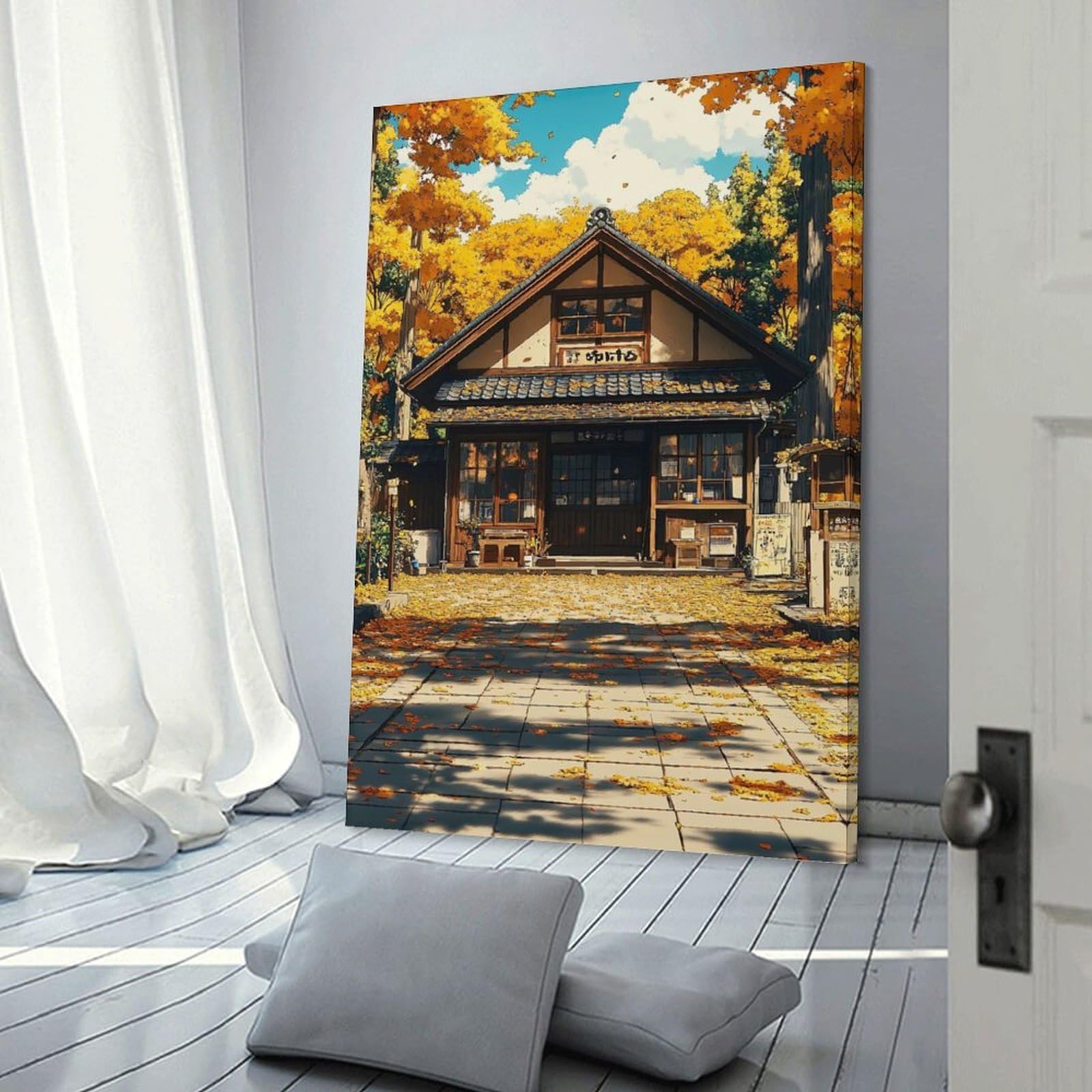 Junmoney Hanging Wall Art Autumnal Japanese Building Landscape, 20x30inch(50x75cm), for Wall Displays, Bedrooms Or Room Updates, Wall Decor Suited to Curated Displays
