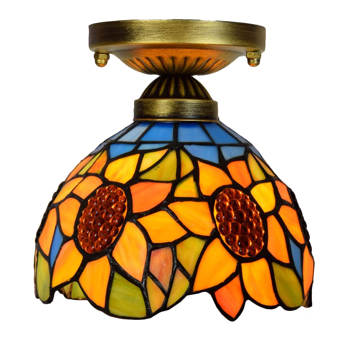 Plafonnier vitrail Tiffany 20cm lanterne tournesol bleu pour couloir