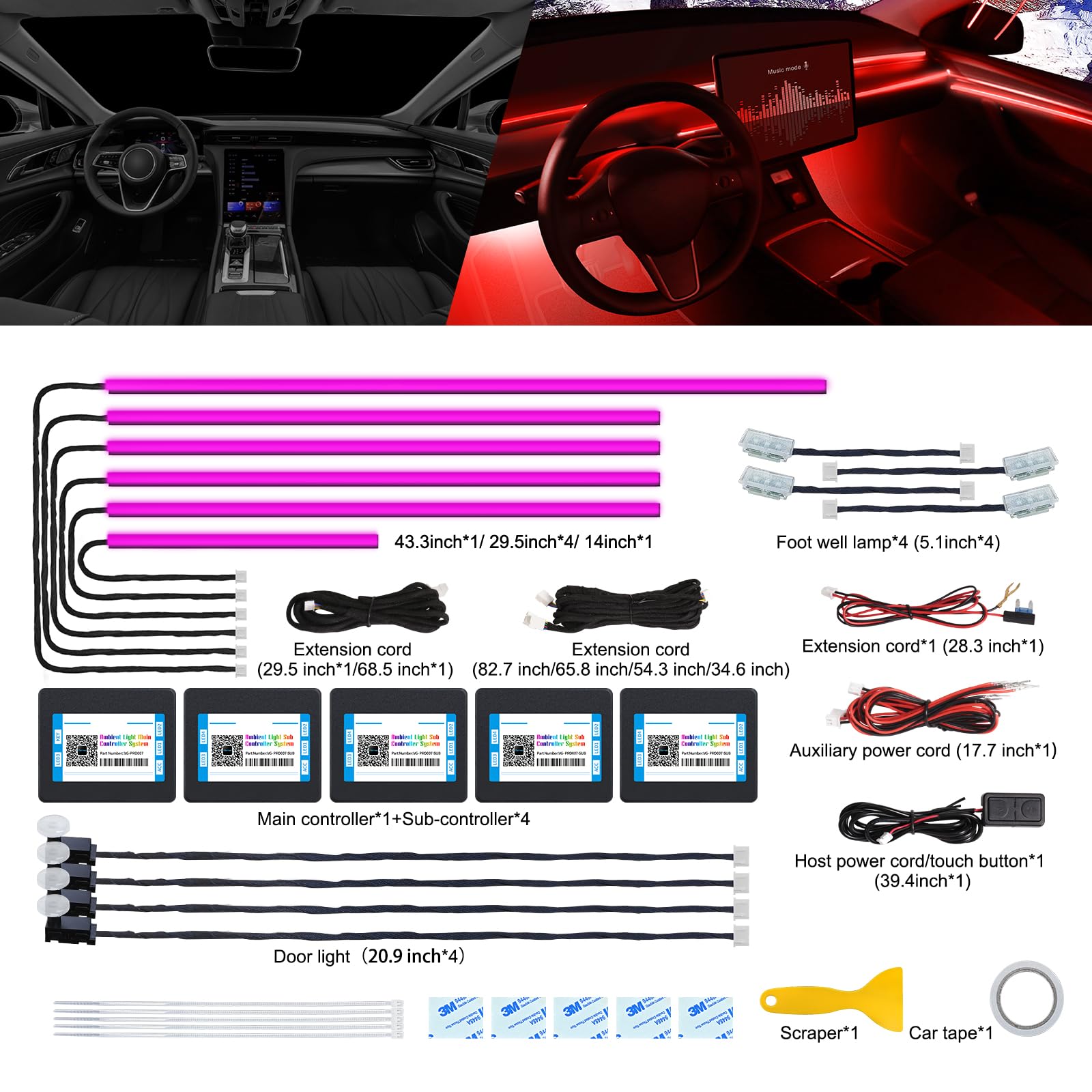 Tira de luz LED interior de coche de acrílico con APP inalámbrica, RGB 14 en 1 con 175 pulgadas 600 LED Kit de iluminación ambiental de coche de fibra óptica, tira de LED activada por sonido con 16