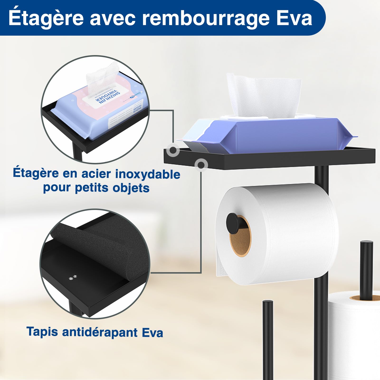 Porte-papier toilette debout en acier inoxydable avec brosse – avec boîte à lingettes humides, ensemble WC