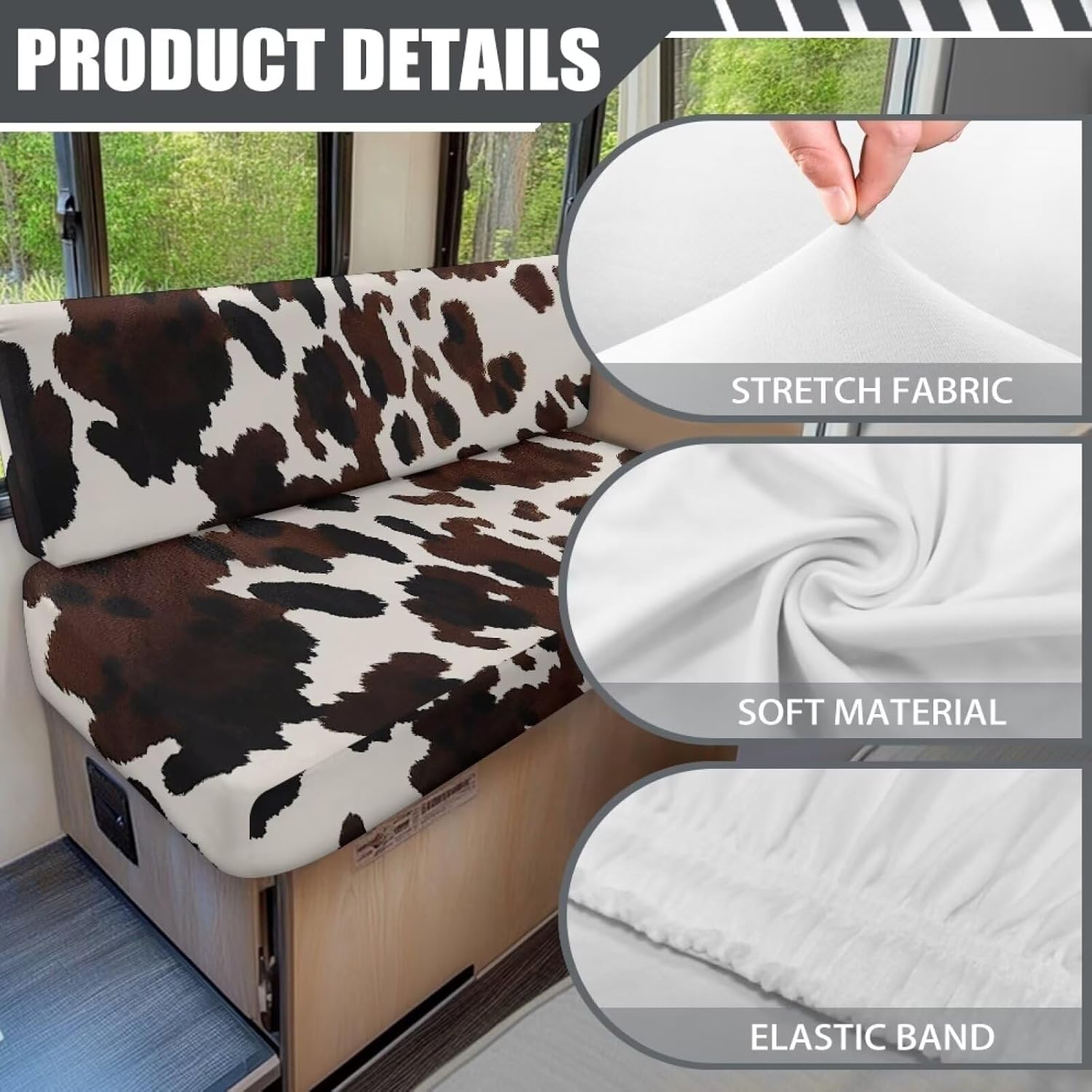 1 Set Cow RV Dinette Cushion Cover,Washable Elastic Cushion Slipcovers Stretchable RV Sofa Cover Loveseat Sofa Furniture Protector for RV Accessories