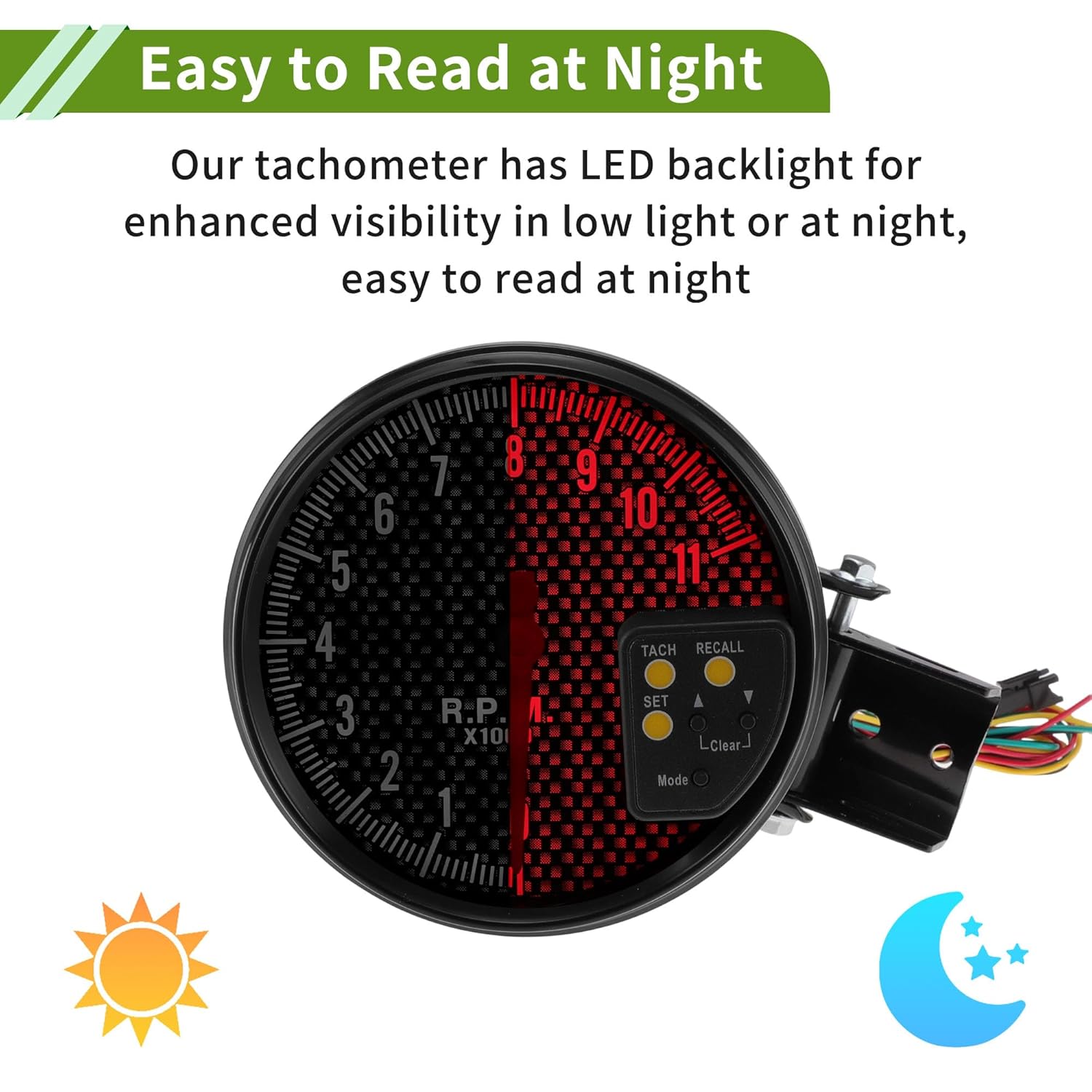 5" Tachometer Gauge Multicolor Pointer RPM Tachometer Tach Gauge 0-11000 RPM Universal 12v Black Housing Carbon Fiber Dial White Letter