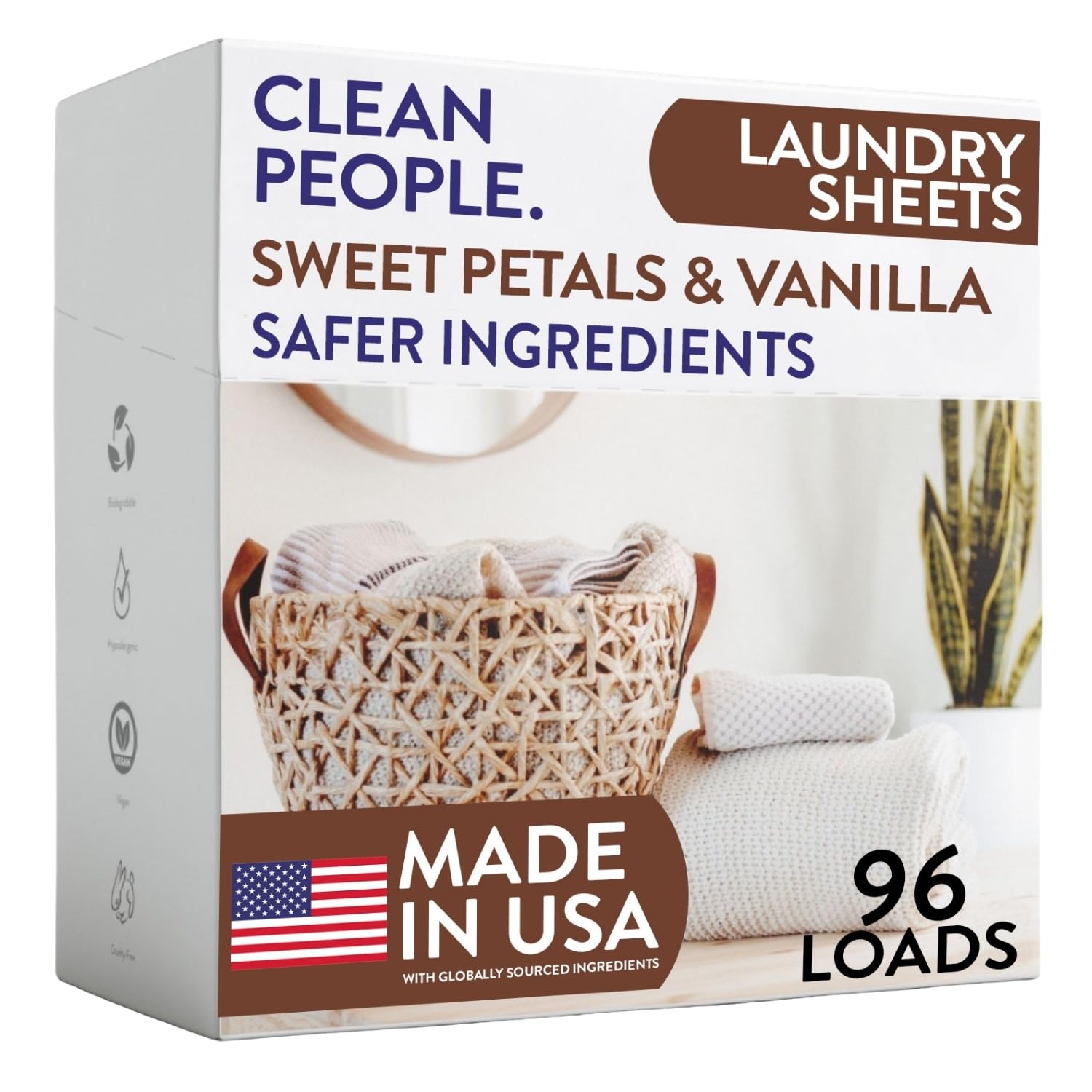 The Clean People Laundry Detergent Sheets - Laundry Soap - Ultra Concentrated, Recyclable Packaging, Stain Fighting - Sweet Petals &amp; Vanilla, 96 Pack