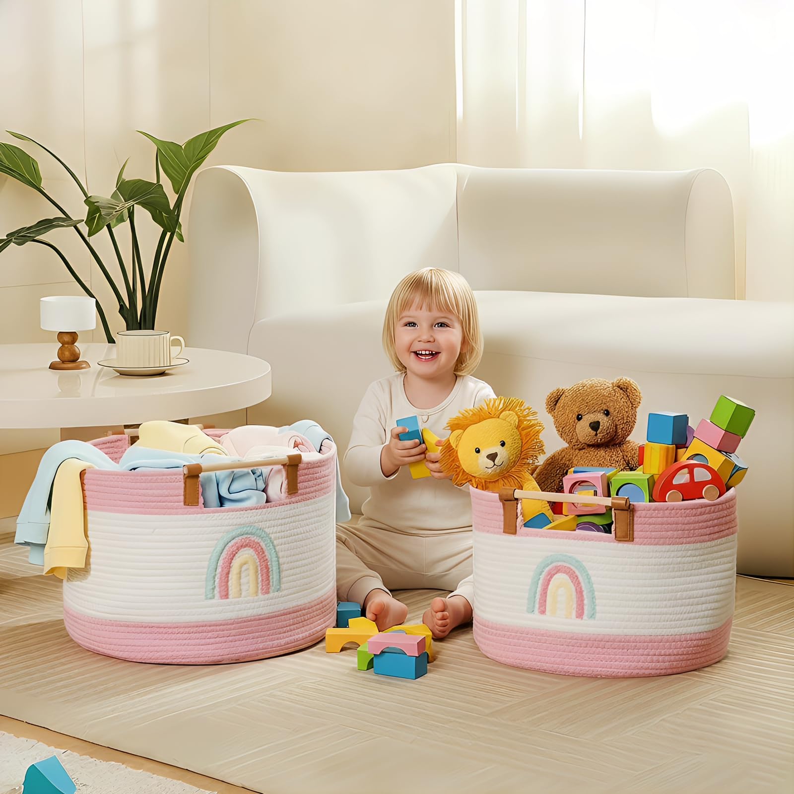 Toy Storage Bin Box for Kids Stuffed Animal Storage Basket for Blanket Baskets Living Room Cotton Rope Woven Baskets for Babies Toddlers Laundry Hamper for Nursery Play Room Girls Gift Baskets Empty - Image 2