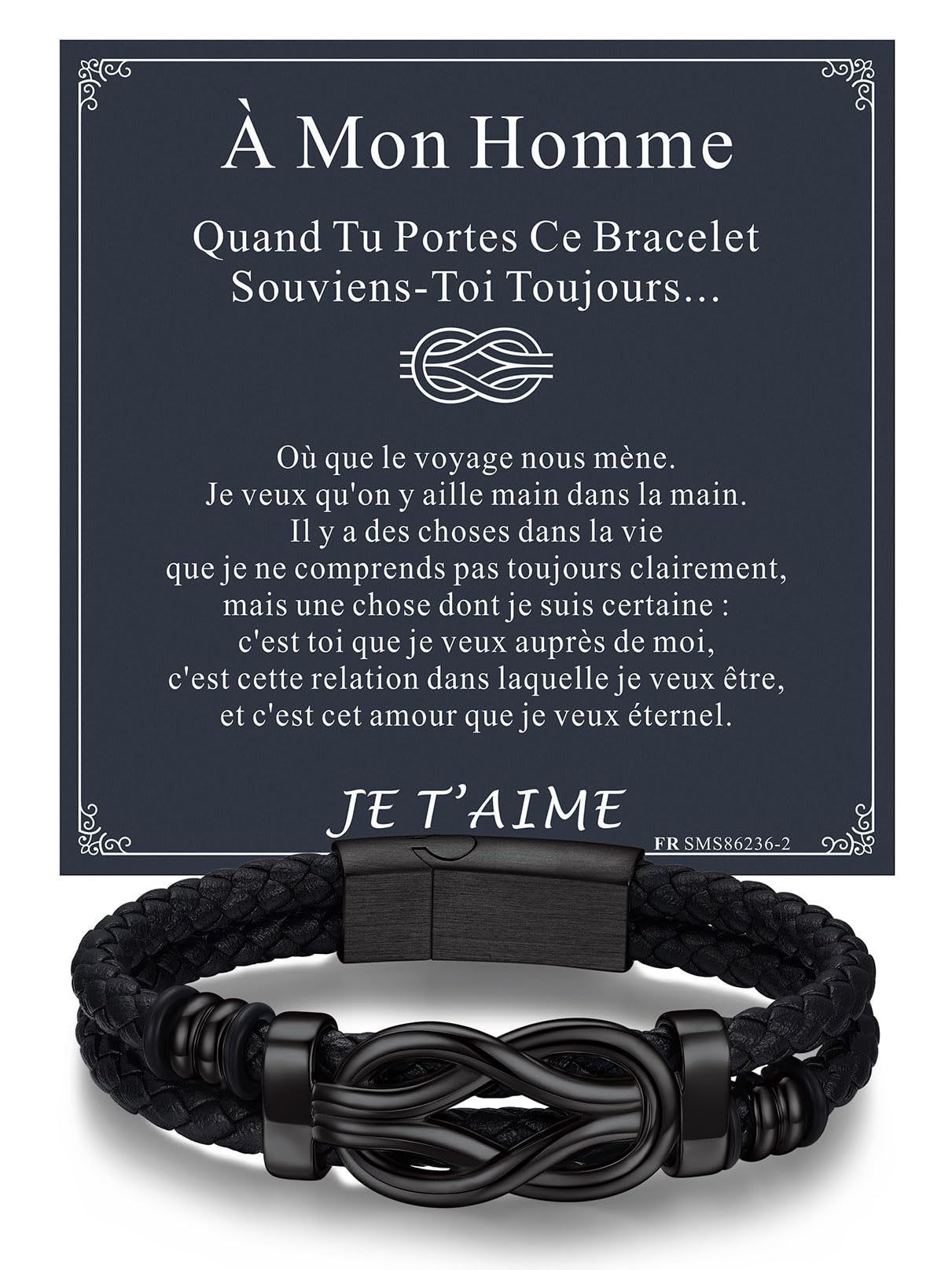 Bandmax Bracelet en Cuir Homme 19/21/23cm avec Carte Cadeau FR, DE, ES, IT - Bracelet Tressé Argenté/Noirt avec Nœud Concentrique, Cadeau pour Papa/Mari/Frère/Couple