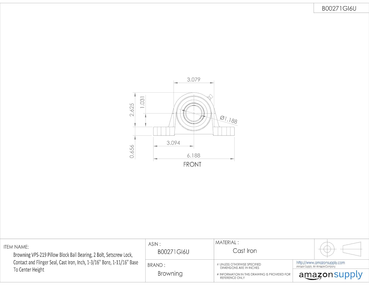 Browning VPS-219 Pillow Block Ball Bearing, 2 Bolt, Setscrew Lock, Contact and Flinger Seal, Cast Iron, Inch, 1-3/16" Bore, 1-11/16" Base To Center Height