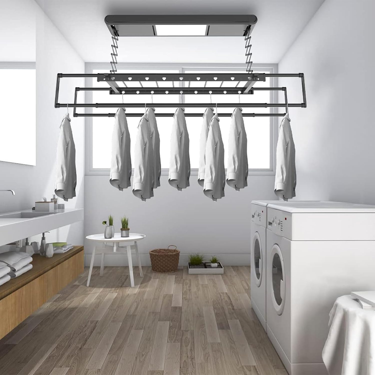 Adjustable Ceiling Clothes Drying Rack with Remote Control - Space-Saving Electric Clothesline, Height & Length Adjustable for Wall & Ceiling Use, Ideal for Efficient Laundry Drying