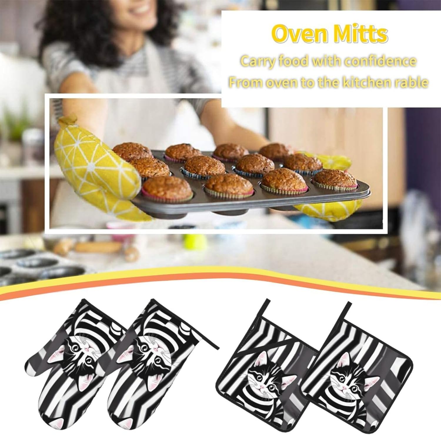 Black and white striped kitten Oven gloves and heat-resistant mat 4-piece set. Suitable for grilling, microwave oven frying, and baking
