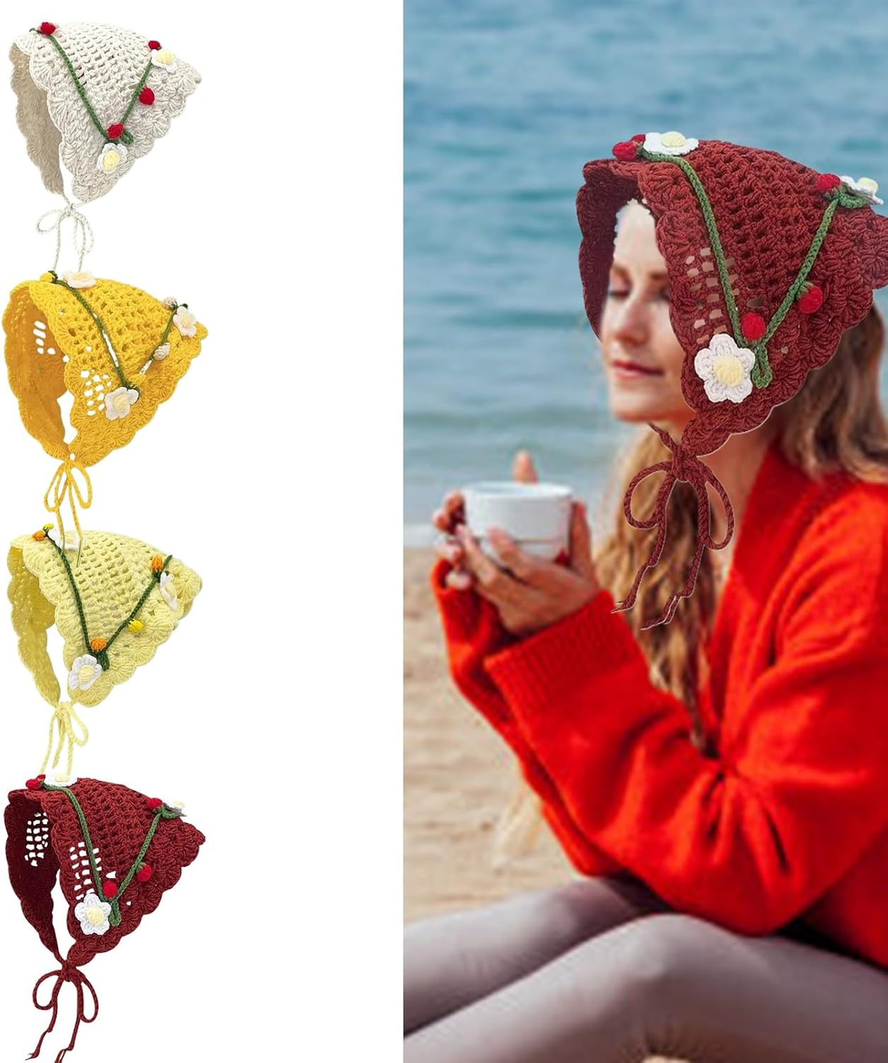 Crochet Flower Pattern Headscarf Crochet Hair Kerchiefs Tie Back Hot Day Spring Traveling Turban for Girls Photography