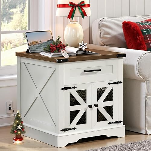 Miniatura 7 de Juego de 2 mesas auxiliares blancas de granja, mesa auxiliar grande para sofá de 24 pulgadas con cajón, mesa auxiliar grande para sala de estar,