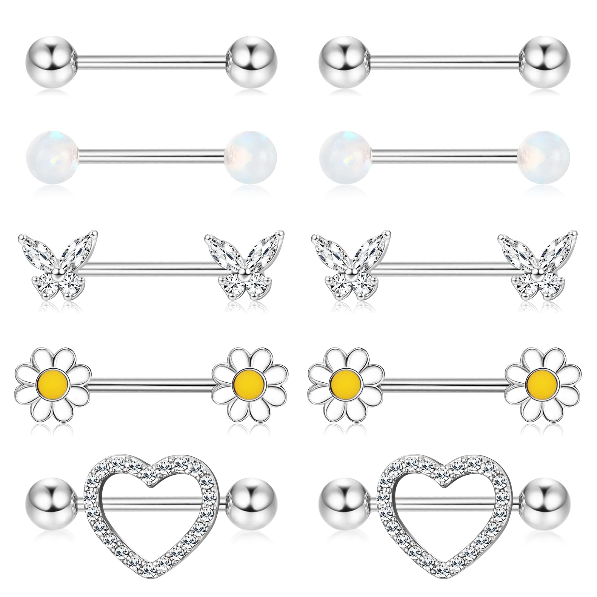 CASSIECA4-6 Pares 14G Piercing Pezon para Mujer Anillos de Pezón Piercing Acero Quirurgico Corazón Mariposa CZ Piercing Lengua